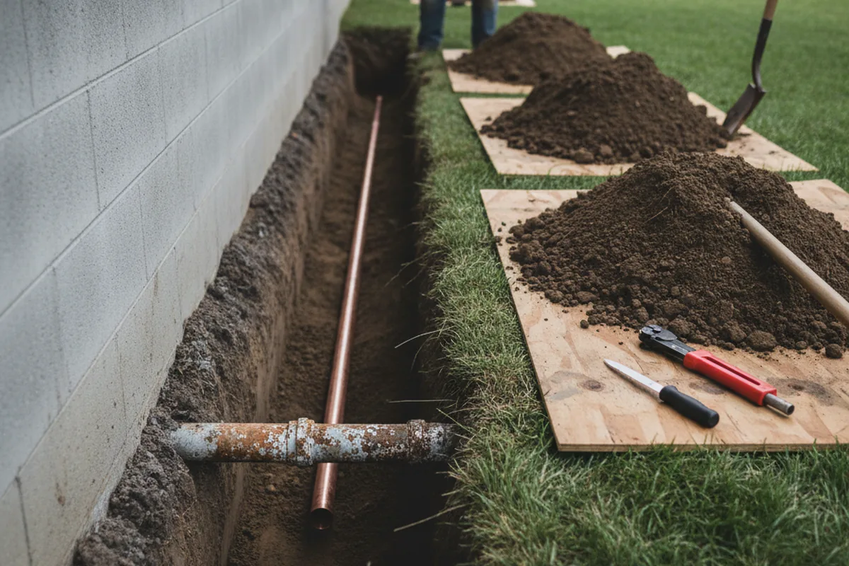 Excavated water line trench during Water Heater Repair in Sibley